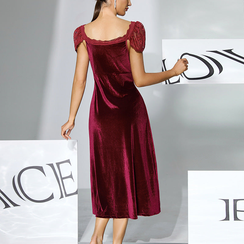 Elegant Velvet Lace Nightdress Burgundy V neck Mid Length Sexy Ladies Sleeping Dress