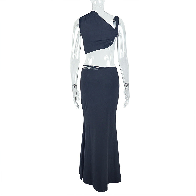 Sexy Women Wear Solid Color Elegant Casual Cropped Skirt Tube Top Diagonal Collar Top Sheath Dress Two Piece Sets