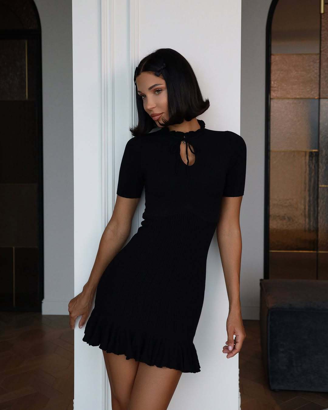 Women Clothing Lotus Leaf Dress Short Sleeve Solid Color Sweet Multicolor Sunken Stripe Sexy Dress