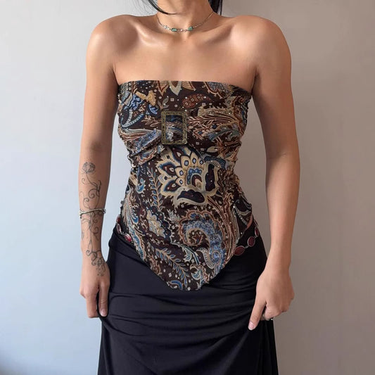 Ethnic Re Work Printing Irregular Asymmetric Wrapped Chest Distressed Metal Buckle Pleated Waist Tight Short Vest