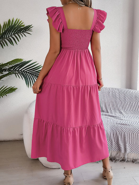 Summer Solid Color Square Collar Wooden Ear Waist A line Dress Women Clothing