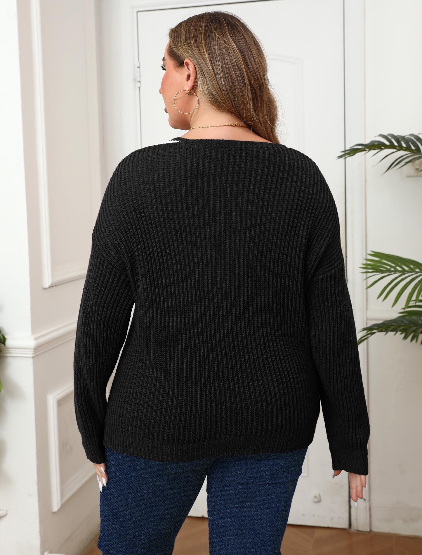 Plus Size Women Clothes Color Contrast Patchwork Large V neck Loose Woven Sweater Pullover