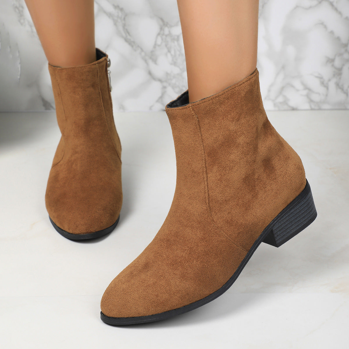 Suede Short Martin Boots Women Thick Heel with British Side Thin Coat with Zip Ankle Boots