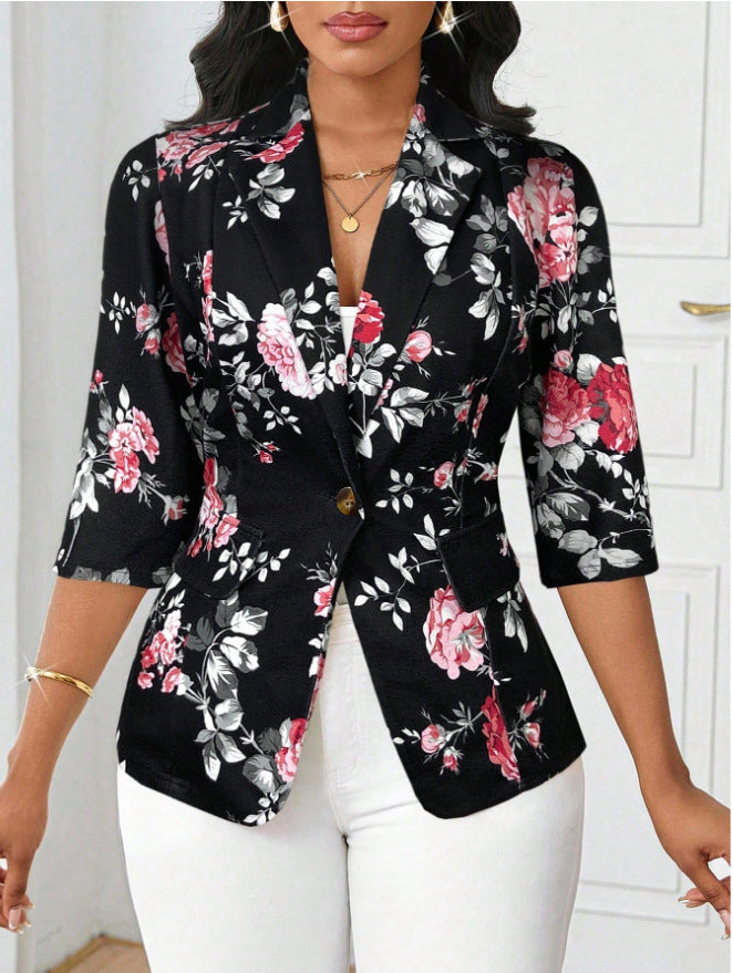Refined Stylish Printed Small Blazers Turn down Collar Coat