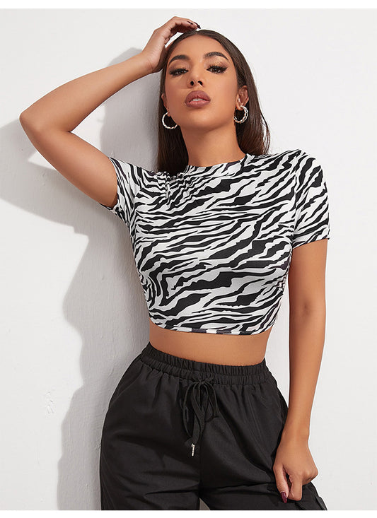 Sexy T shirt Women Clothing Cropped Outfit Backless Knotted Short Slim Fit Short Sleeve Black White Striped Printed Top