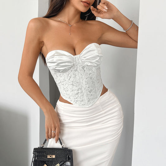 Pleated Internet Celebrity Pure Lace Steel Ring Boning Corset Tube Top Tied Slim Fit Top