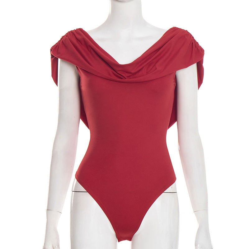 Women Clothing Spring Solid Color Sexy Pleated Sleeveless Slim Swing Collar Romper