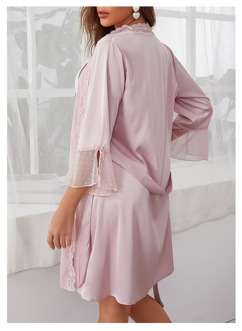 Summer Artificial Silk Sexy Seduction Deep V Plunge Lace Outerwear Gown Lace up Nightgown Bathrobe Women Pajamas
