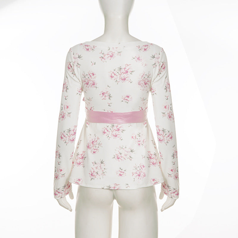 Sweet Pure Floral Print Cross Collar Lace up Long Sleeve T shirt Women Bow Casual Girl a Swing Top