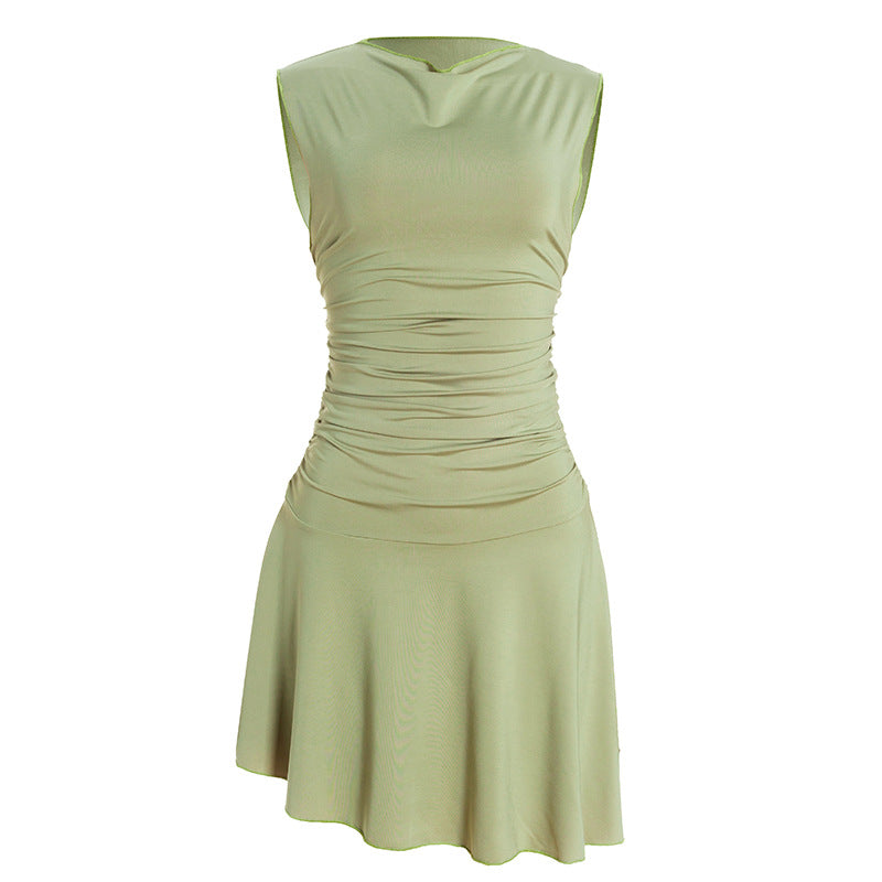 Round Neck Pullover Sleeveless Slim Fit Pleating Short Irregular Asymmetric Solid Color Dress
