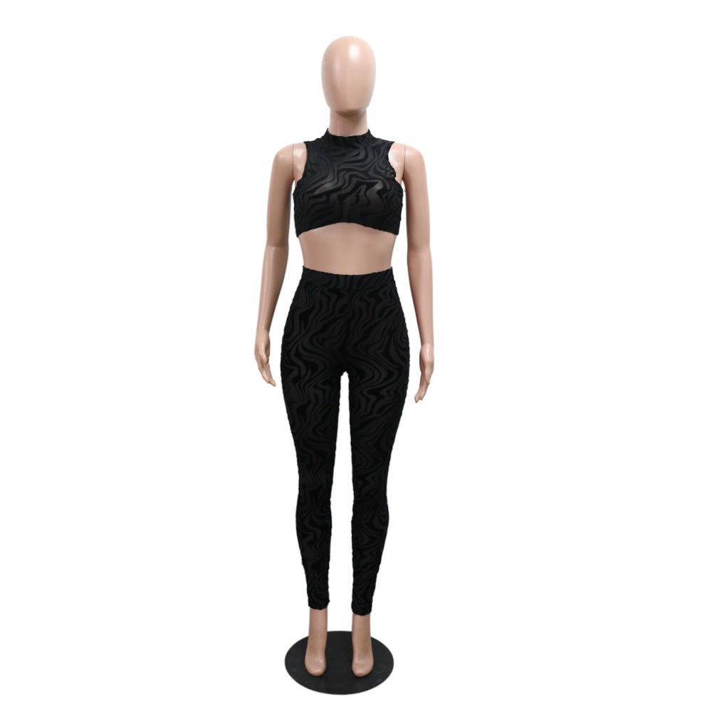 Two Piece Sets round Neck Sexy Sleeveless Short Top Match Slim Fit Pencil Pants