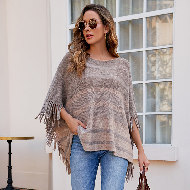 off Neck Tassel Shawl Women Autumn Contrast Color Striped Cape Coat