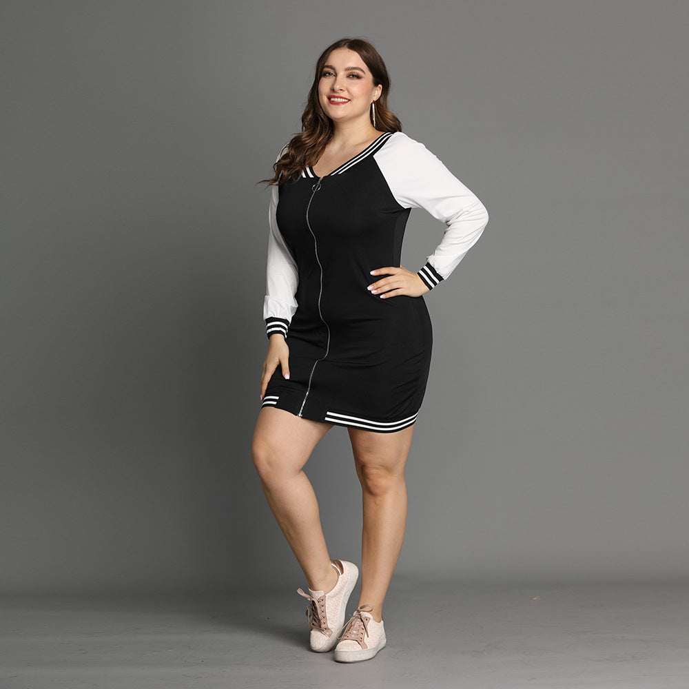 Plus Size Autumn Women Long Sleeve Color Zipper Dress Mid-Length