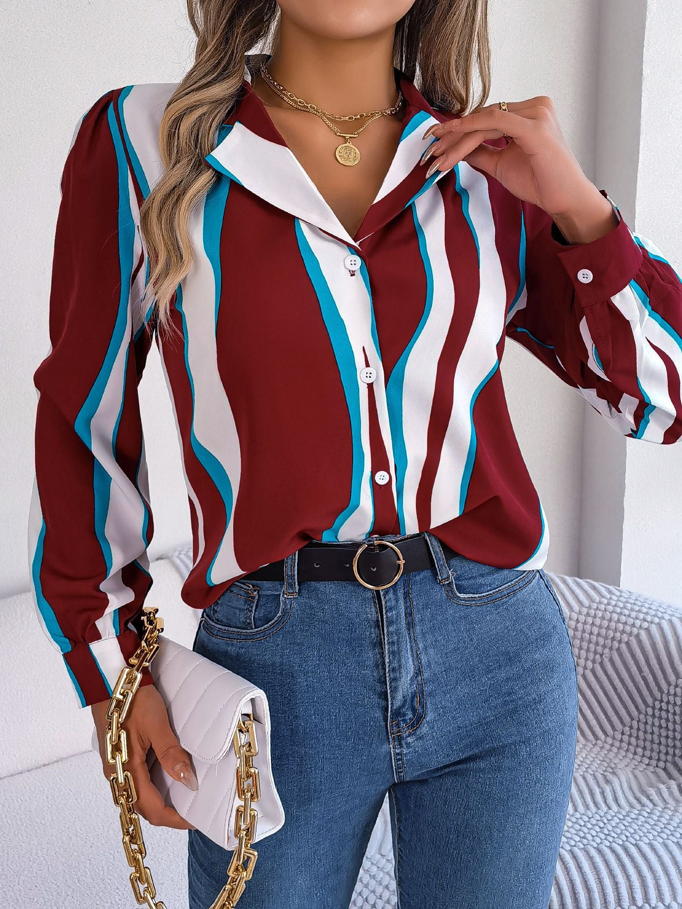 Autumn Winter Casual Contrast Color Striped Suit Collar Long Sleeve Shirt Women