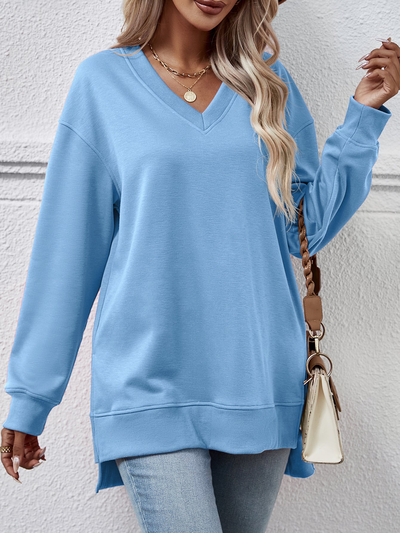 Autumn Winter Women Clothing Sweatshirt Solid Color V Neck Split Front Short Back Long Blouse
