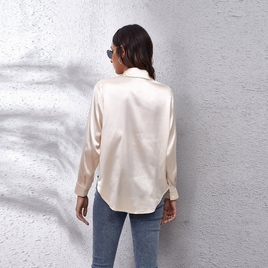 Satin Shirt Women Satin Artificial Silk Long Sleeve Shirt