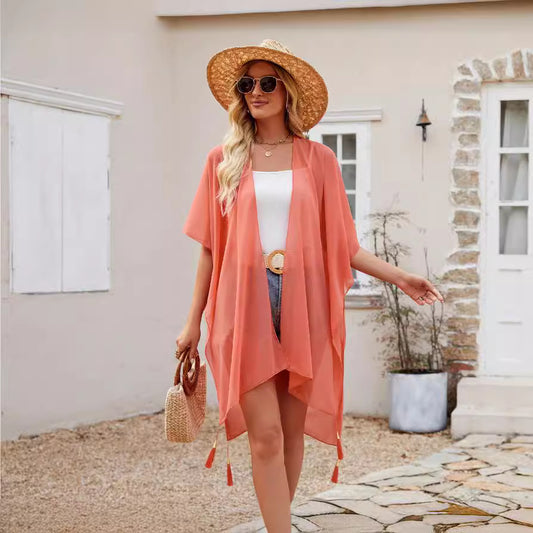 Seaside Blouse See Through Sexy Tassel Thin Cape Solid Color Travel Sun Protection Cardigan