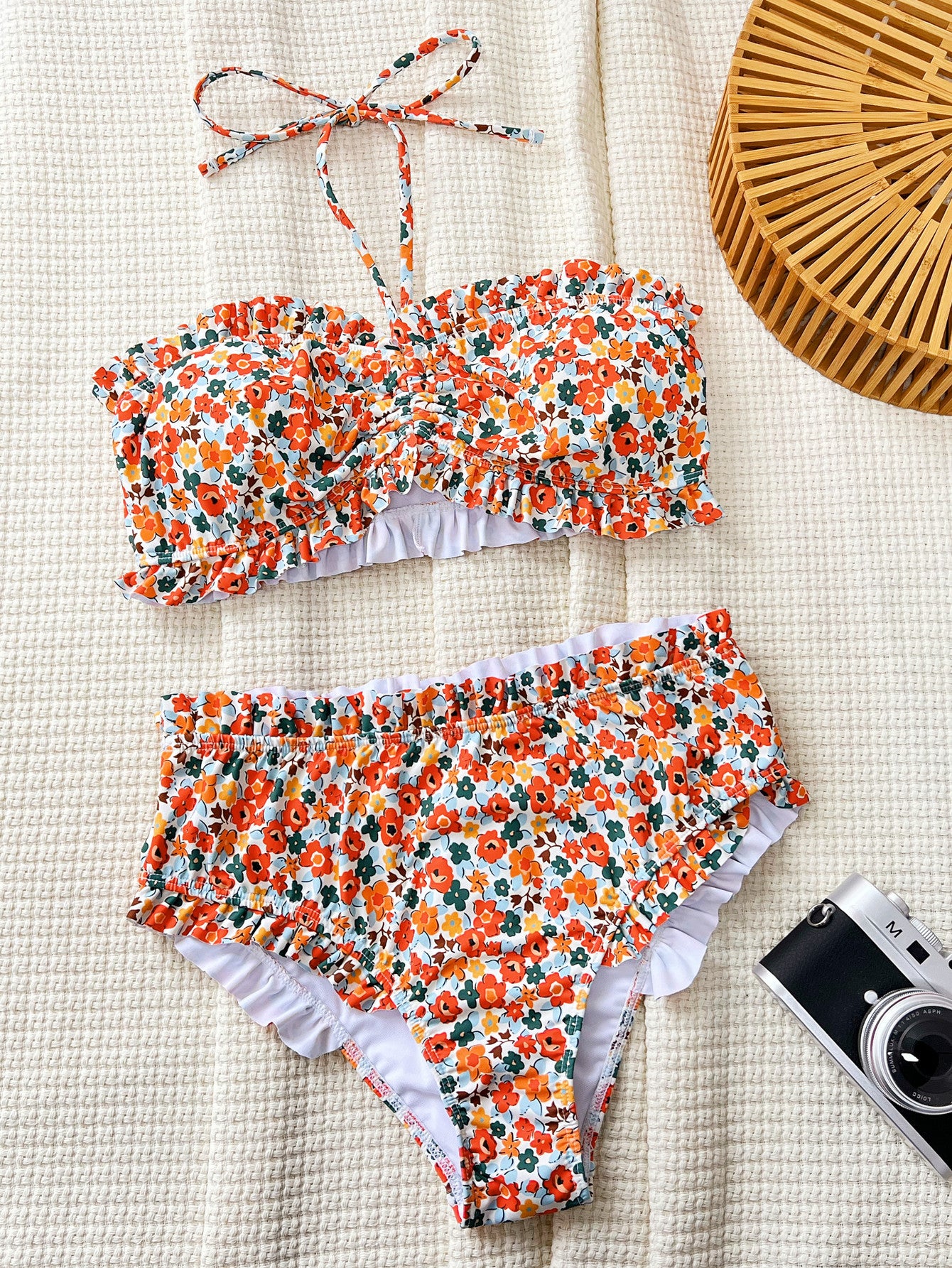 Bikini Split Swimsuit Floral Print Pleated Lace Tube Top Triangle Bikini