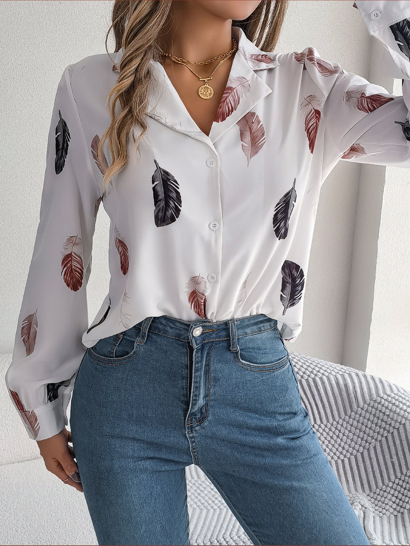 Autumn Winter Elegant Feather Printed Suit Collar Long Sleeve Shirt Women Clothing
