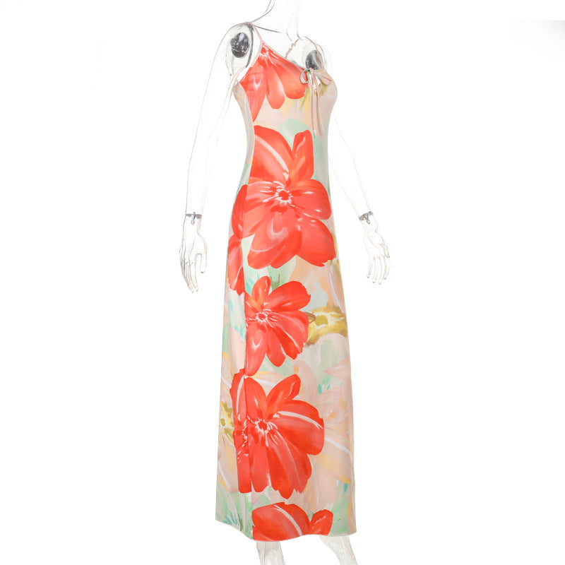 Sexy Suspenders Hollow Out Cutout Print Backless Dress Women Vacation Sexy Dress