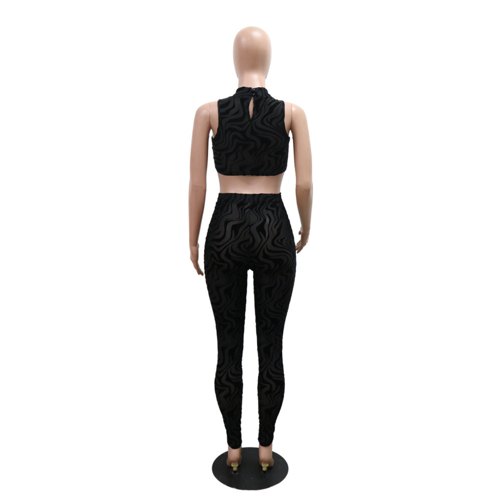 Two Piece Sets round Neck Sexy Sleeveless Short Top Match Slim Fit Pencil Pants