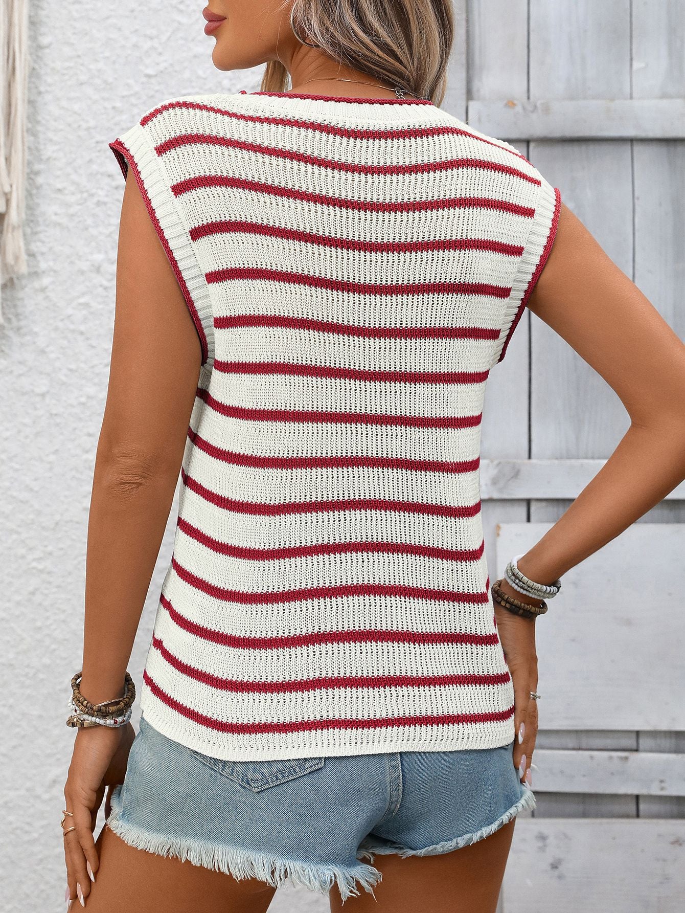 Women Clothing Summer round Neck Sleeveless Vest Knitted Striped Sweater Vest