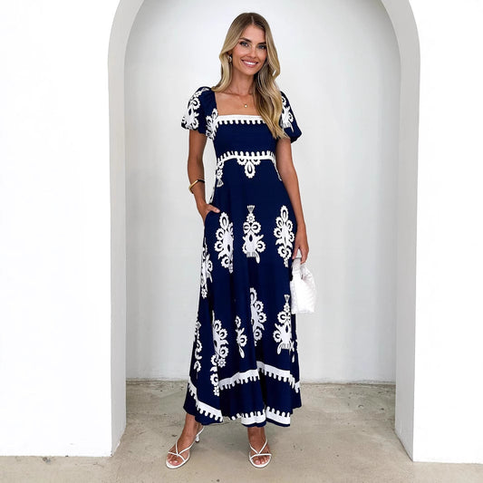 Summer Women Clothing Vacation Printed Beach Dress Smocking Dress Women