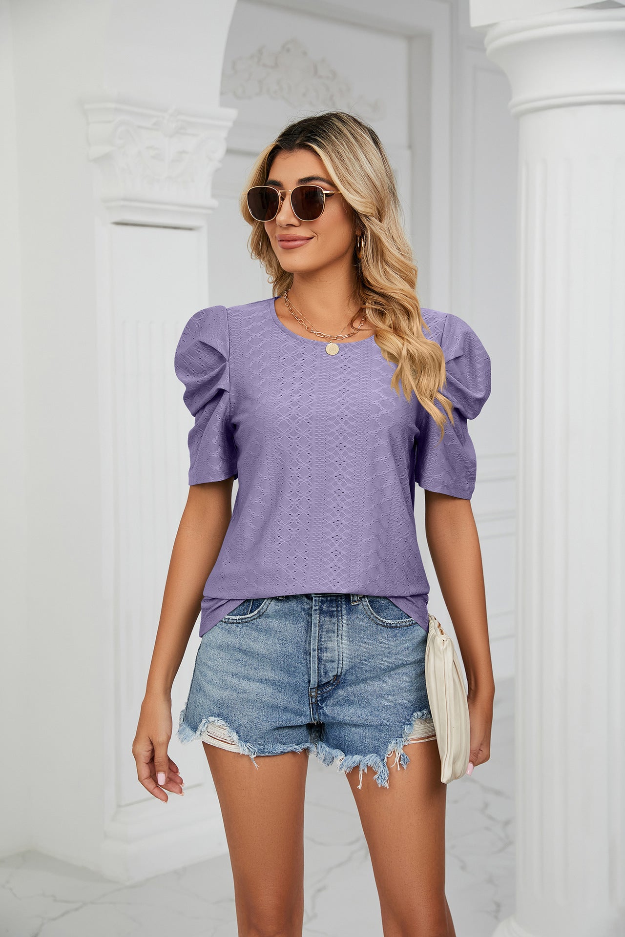 Solid Color round Neck Pleated Oversleeves Loose Fitting T shirt Top Ladies