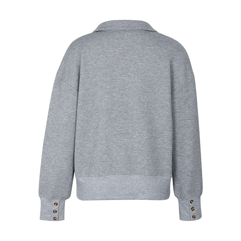 Autumn Women Clothing Gray with Turn down Collar Sweatshirt