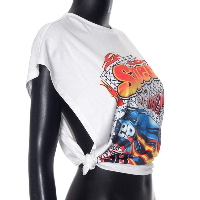 Women Clothing Summer Printed Round Neck Sleeveless Split Casual Short Top