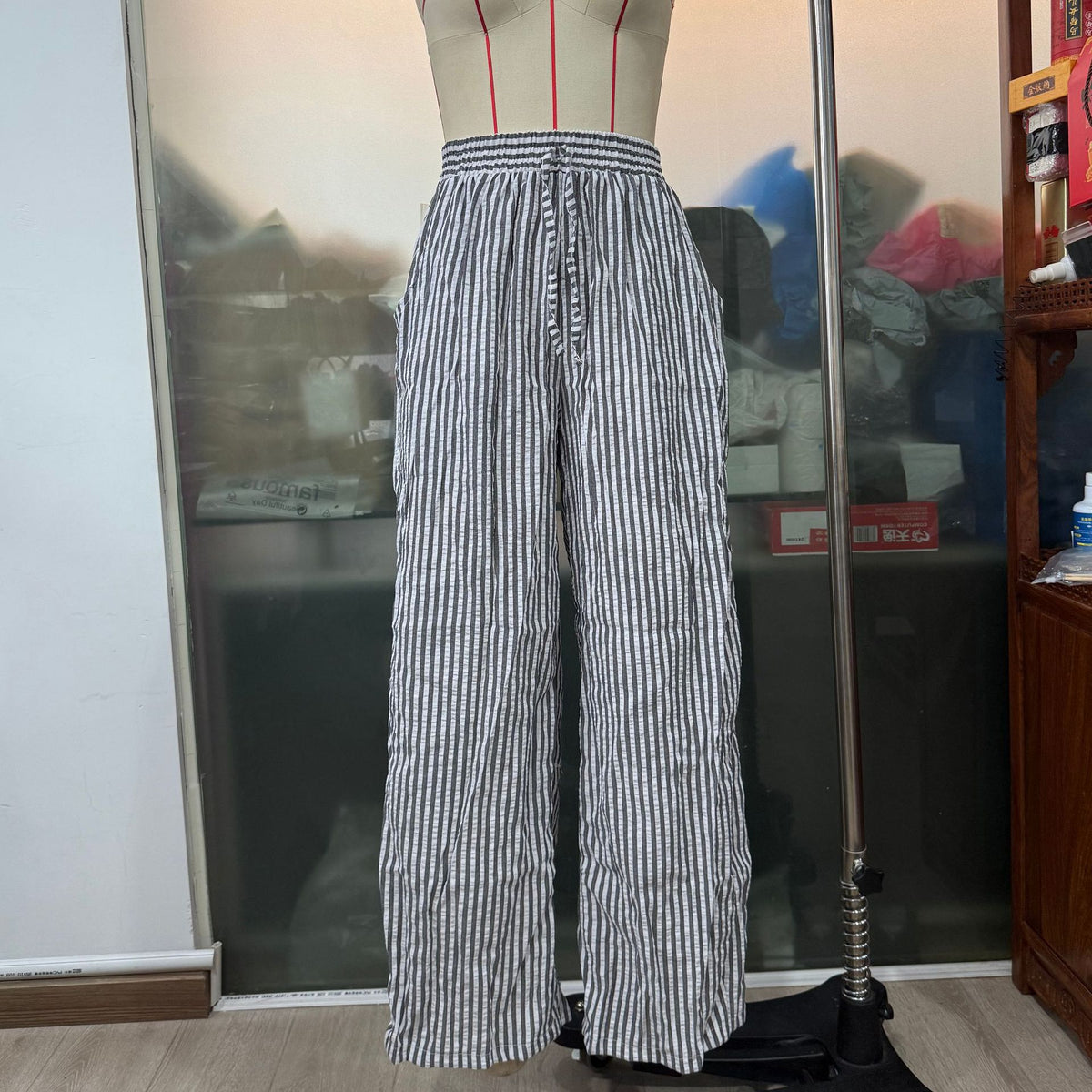 Thin Striped Printed Women Casual Pants Summer Drawstring Straight Loose Wide Leg Mop Pants