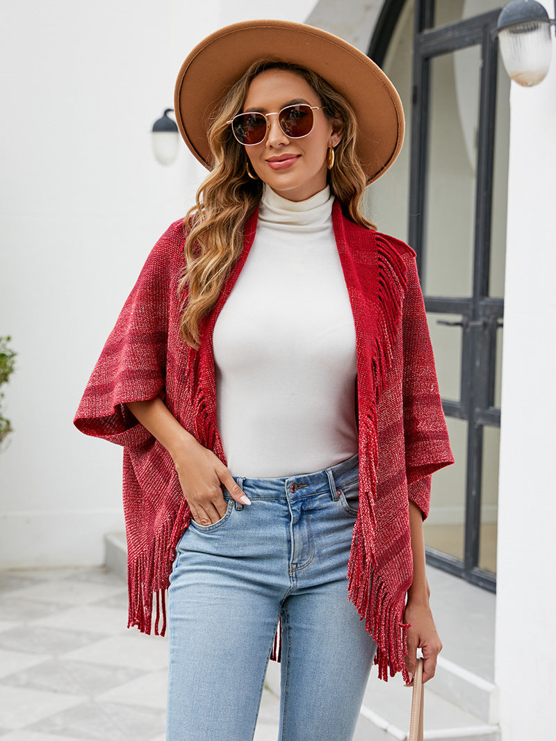 Tassel Inverness Women Autumn Winter Knitted Striped Cloak Women