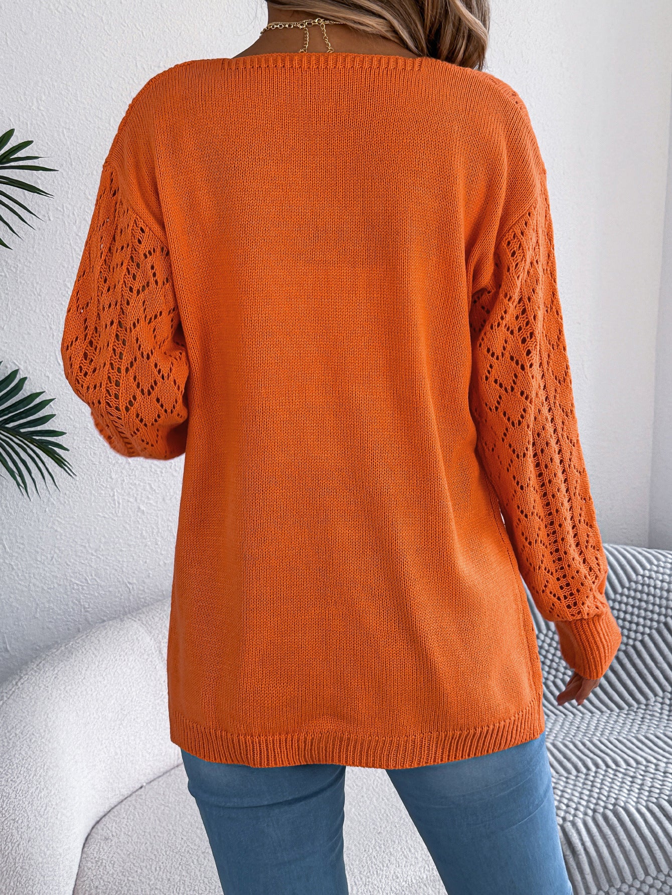 Autumn Winter Hollow Out Cutout out Lantern Long Sleeve Cardigan Sweater Mid Length Coat Women Clothing