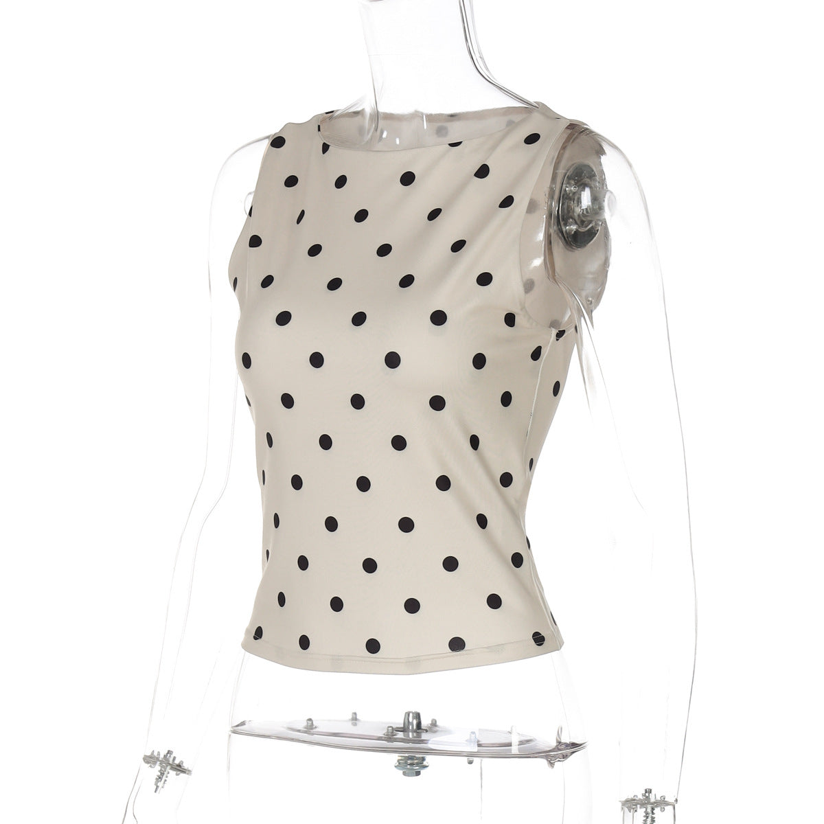 Women Clothing Summer Dotted Prints Slim round Neck Sleeveless Top