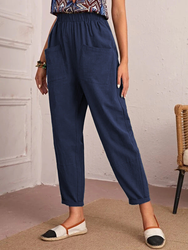 Four Seasons Cotton Linen Cropped Pants Elastic Waist Casual Pants Diagonal Pocket Skinny Pants Women