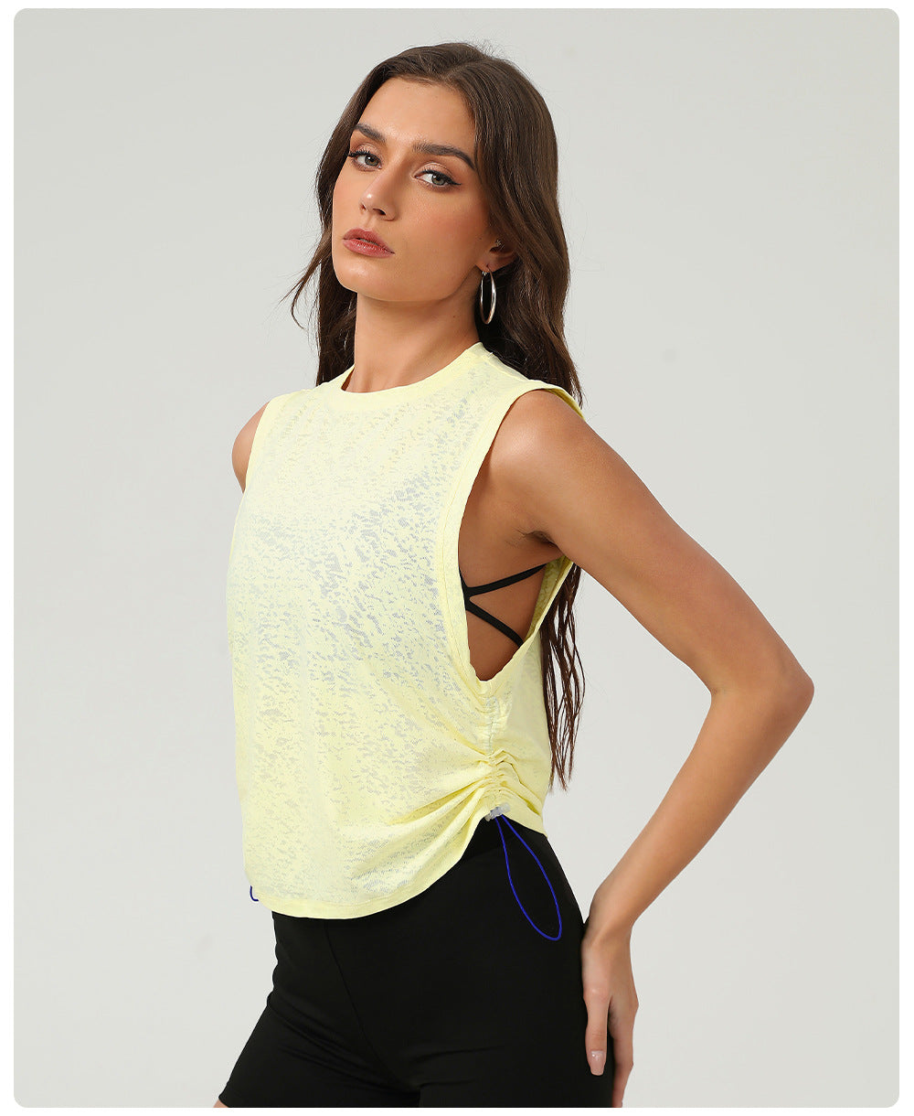 Breathable Yoga Exercise Vest Women Summer Loose round Neck Sleeveless Sports Top Drawstring at Hem Jacquard Blouse
