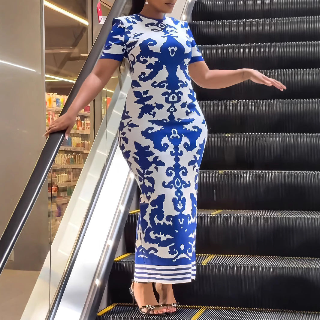 Women Elegant Printing Slim Fit Hip Short Sleeve Dress