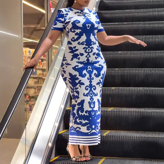 Women Elegant Printing Slim Fit Hip Short Sleeve Dress