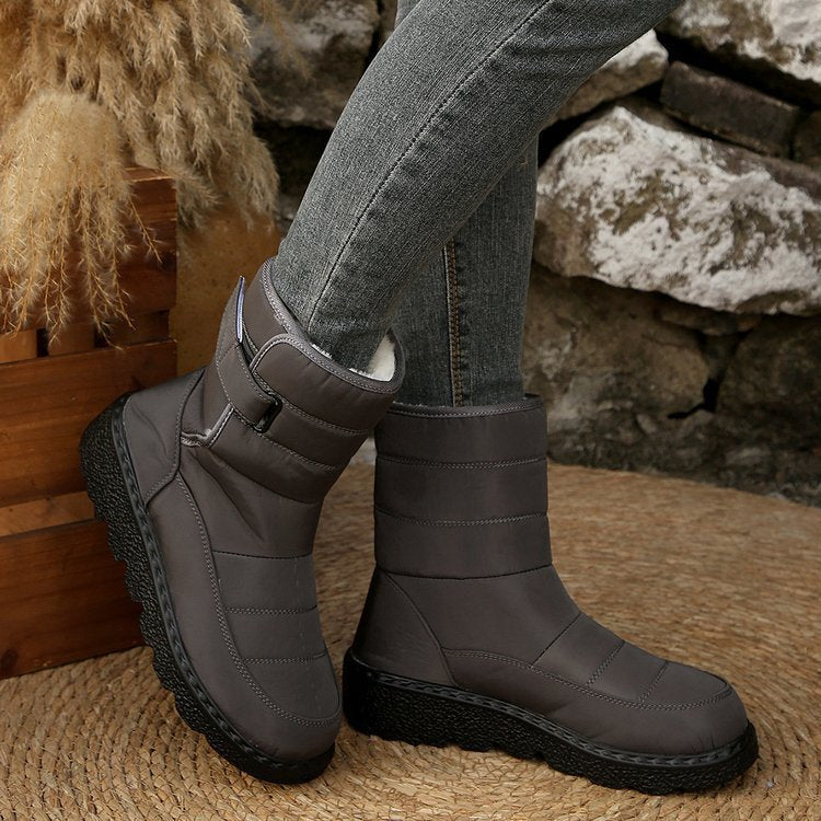 Winter Fleece Lined Warm Slugged Bottom Snow Boots Women Velcro down Cloth Mid Calf Cotton Shoes