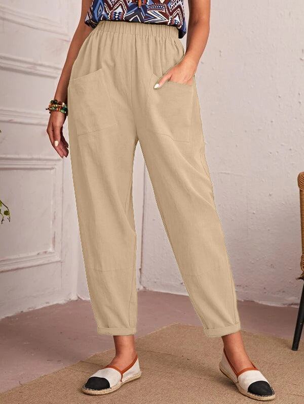 Four Seasons Cotton Linen Cropped Pants Elastic Waist Casual Pants Diagonal Pocket Skinny Pants Women