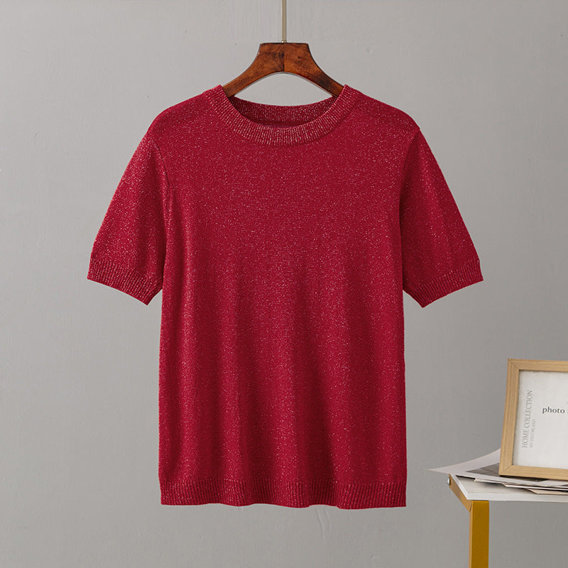 Women Clothing Summer Bright Silk Slim Fit Slimming Short Sleeved Sweater Pullover Top T shirt Bottoming Shirt