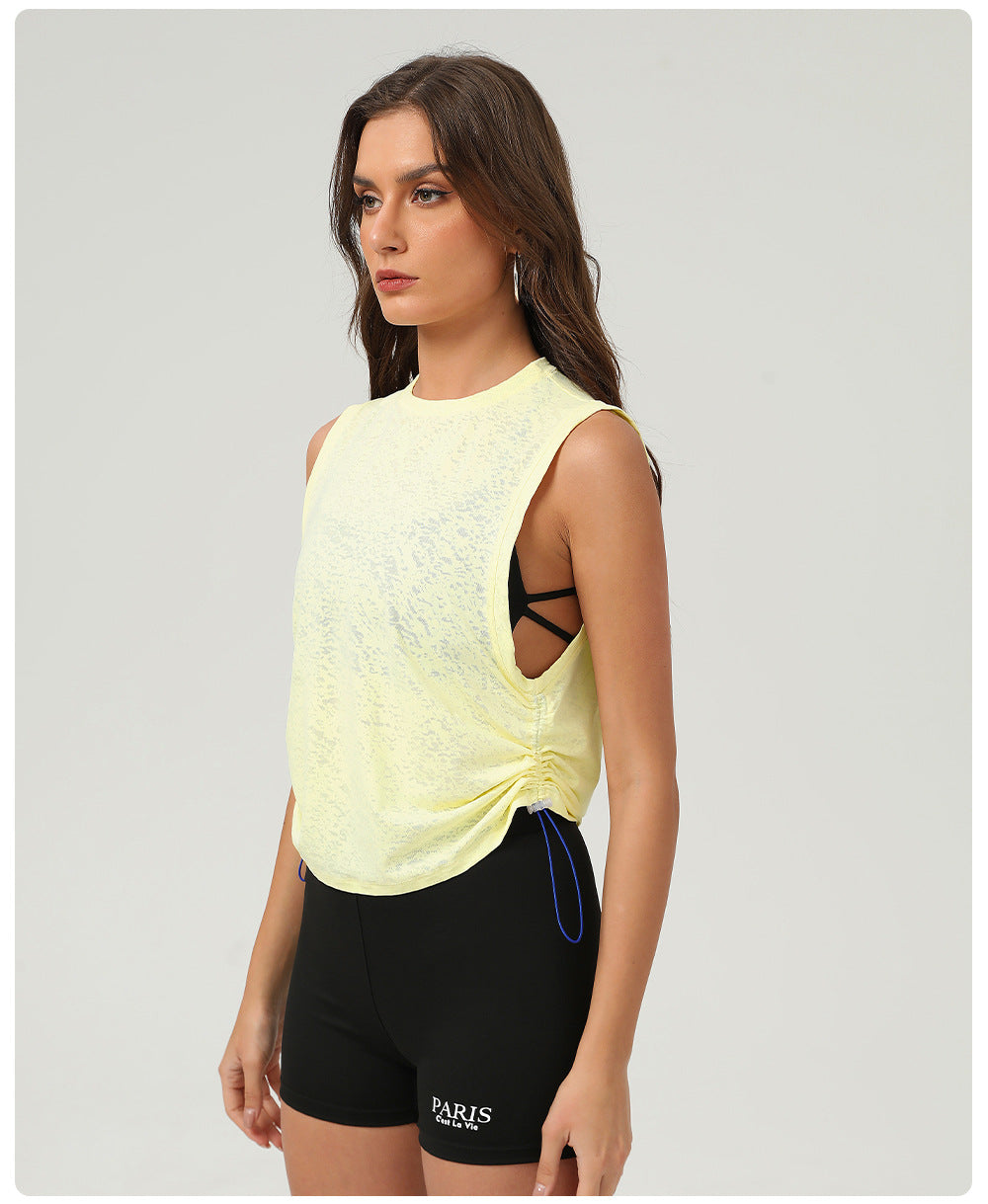 Breathable Yoga Exercise Vest Women Summer Loose round Neck Sleeveless Sports Top Drawstring at Hem Jacquard Blouse