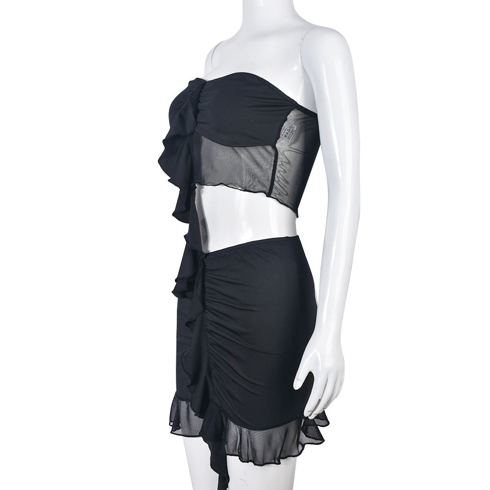 Women Clothing Spring Corset Mesh See through Sexy Skirt Set