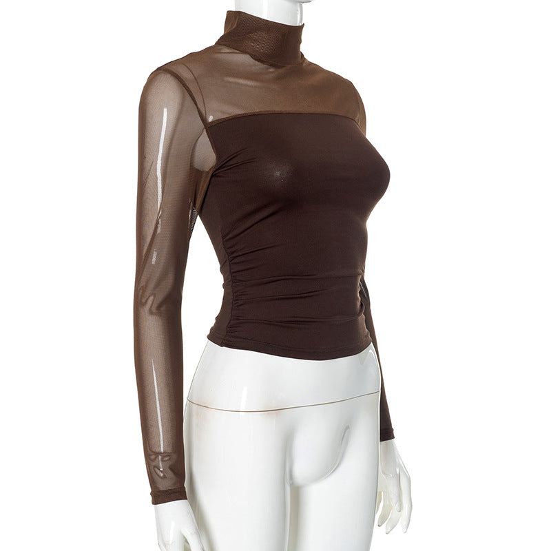 Women Clothing Turtleneck Mesh Stitching Long Sleeve Sexy See through Short Top