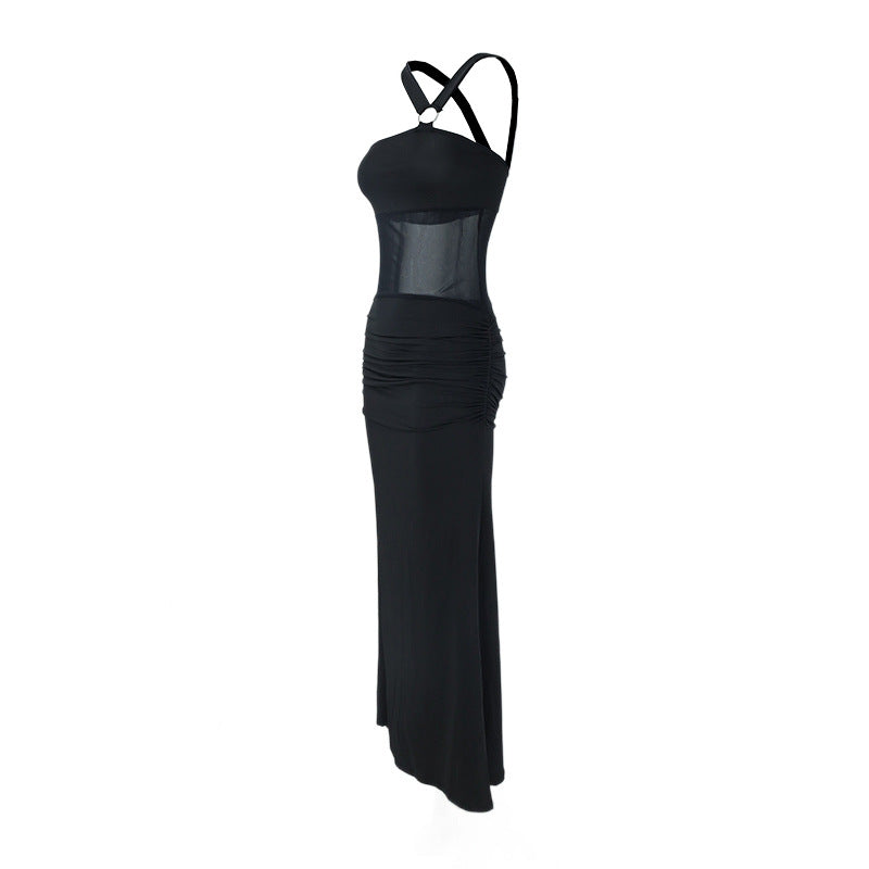 Women Clothing Summer Irregular Asymmetric Shoulder Wrapped Chest Slim Mesh Stitched Backless Niche Dress