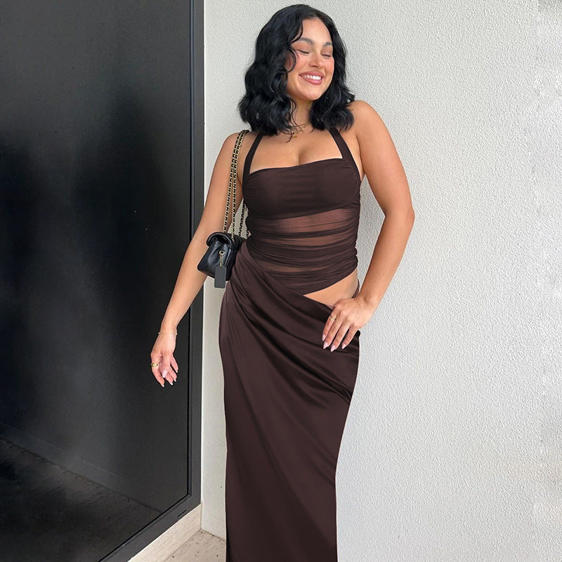 Sexy Mesh Stitching Dress Slim Fit Backless Solid Color Cropped Outfit Halter Split Maxi Dress
