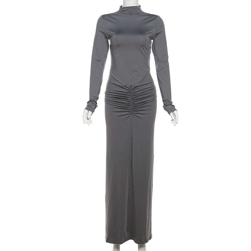 Autumn Winter Sexy Slimming Beam Waist Solid Color Maxi Dress Pleated Dress Women