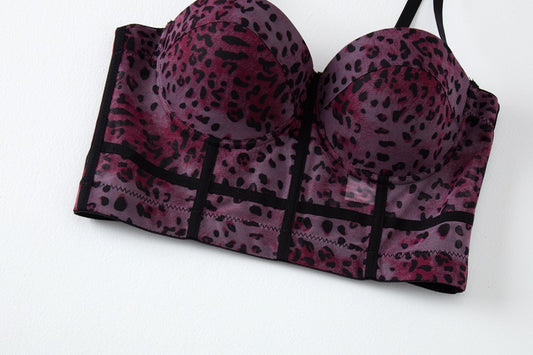 Sexy Leopard Print Stitching Bra Shoulder Straps High Grade Inner Mesh Lace See through Outer Wear Boning Corset Bra