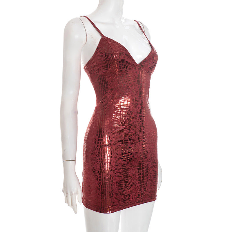Women Clothing Winter Solid Color Sleeveless Stitching Bronzing Strap Tight Short Dress