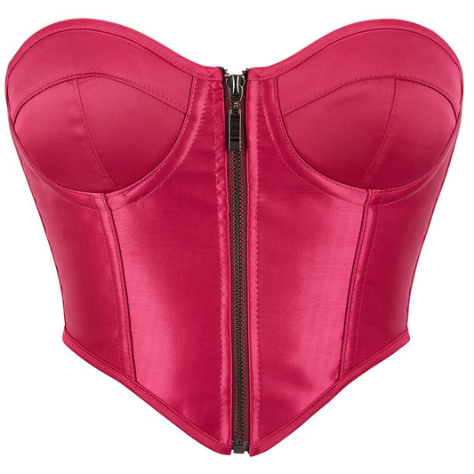Rose Red Zipper Women Tube Top Chest Support with Steel Ring Push up Body Shaping Top Supply